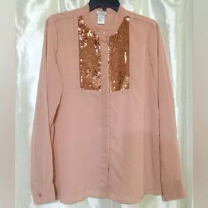 Sheer rose gold dress shirt with sequin accents. NWT, Size Large.